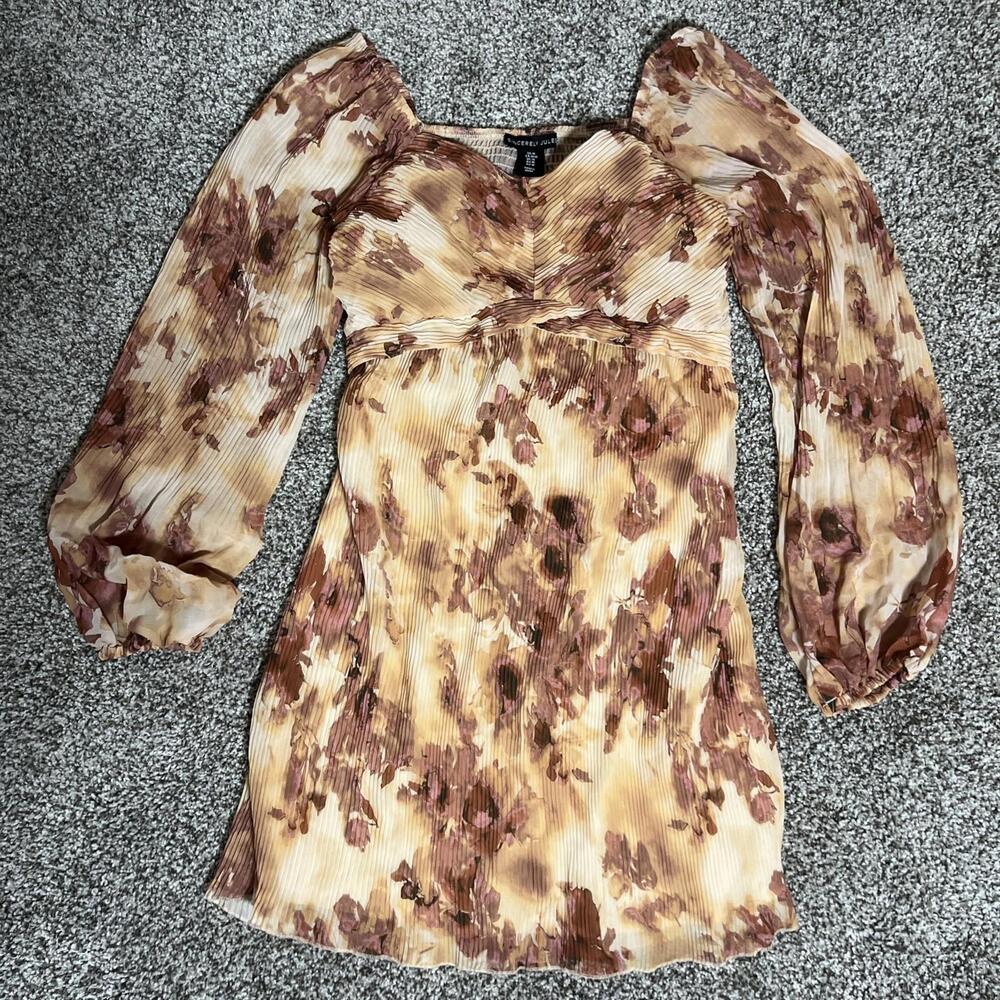 Y2K Babydoll Pleated Floral Dress Puff Sleeve Boho‎ Romantic Medium Date Night